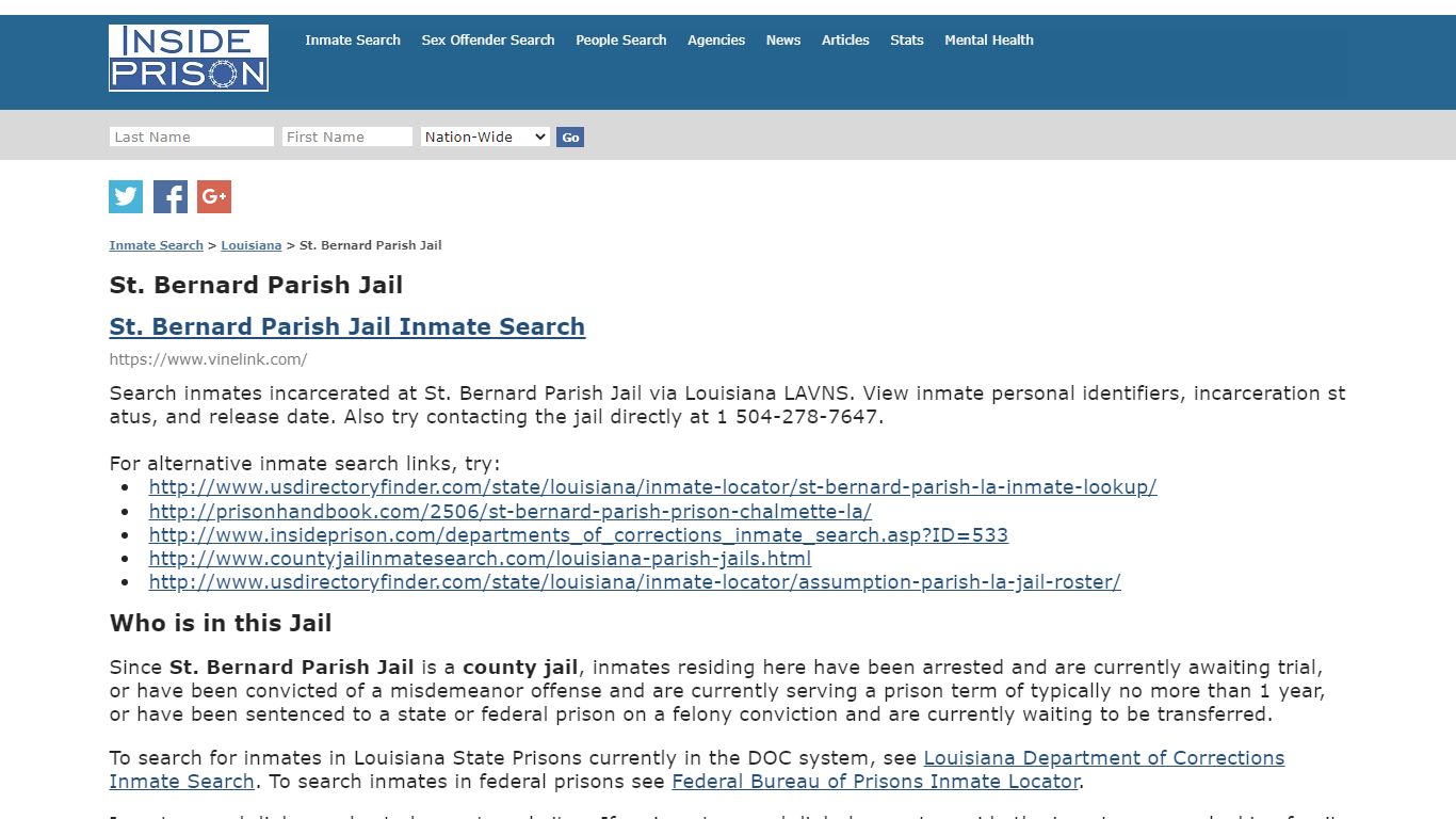 St. Bernard Parish Jail - Louisiana - Inmate Search